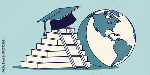Vector illustration of study abroad concept, globe with graduation cap on book representing education and international academic success.