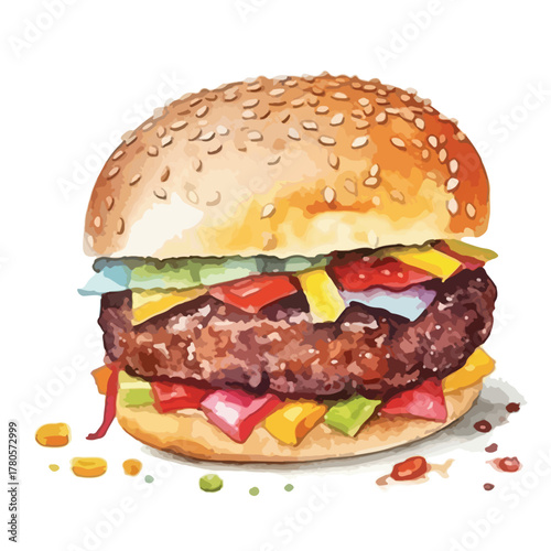 Vibrant Watercolor Style Burger with Colorful Toppings