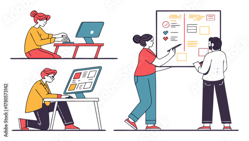 Illustration of people working on computers and collaborating on a whiteboard