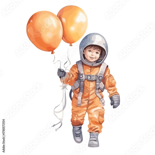 Smiling Child Astronaut with Orange Balloons Wearing Spacesuit and Helmet
