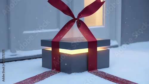 Gift box with red ribbon sits in snow, camera pans to reveal glowing light from inside, creating a magical winter scene of anticipation and surprise