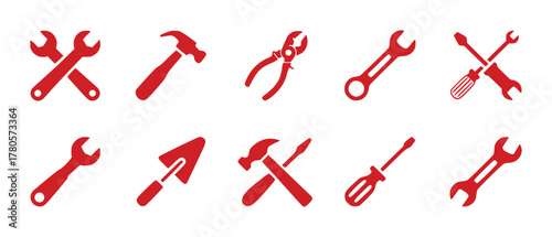 Collection of Red Construction and Repair Tool Icons on White Background