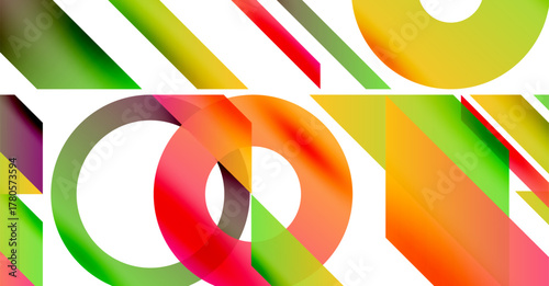 Abstract composition featuring vibrant overlapping shapes. Red, green, yellow hues dominate design, creating dynamic visual effect.