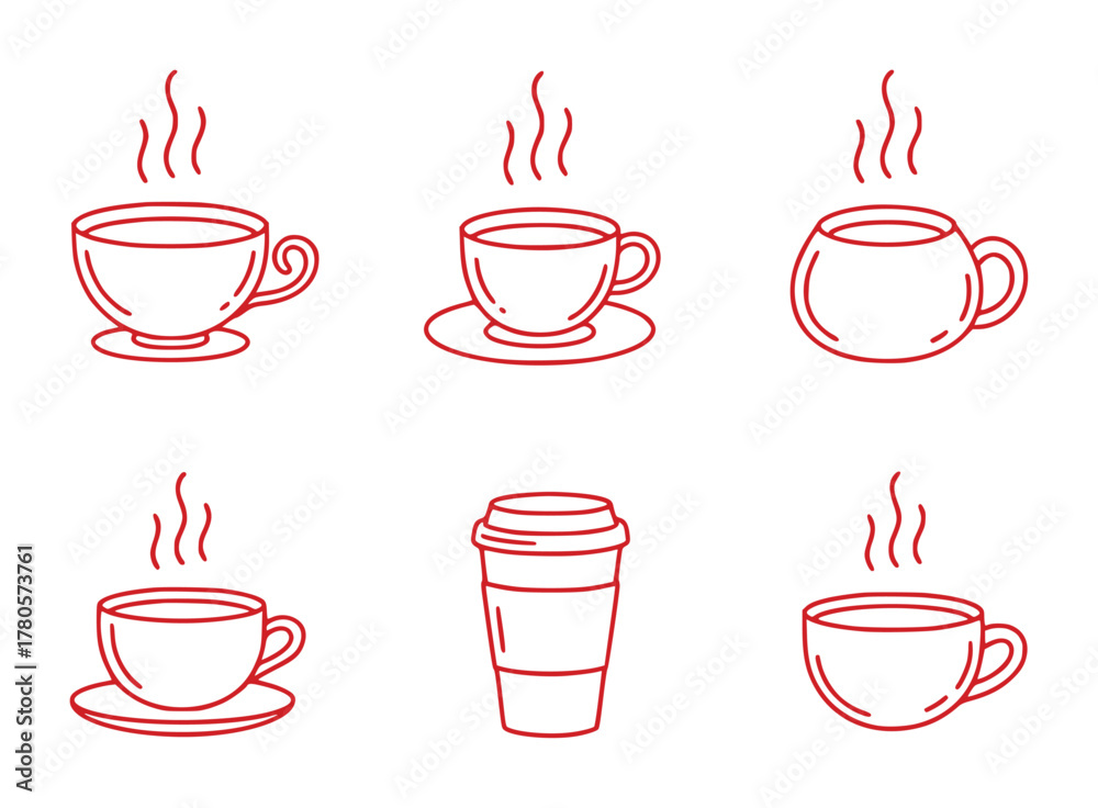 Fototapeta premium Collection of Red Line Art Coffee Cups and To-Go Cup Icons