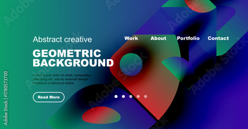 Modern website design. Vibrant colors, geometric shapes, text overlay. Clean layout, navigation options present. Minimalist aesthetic.