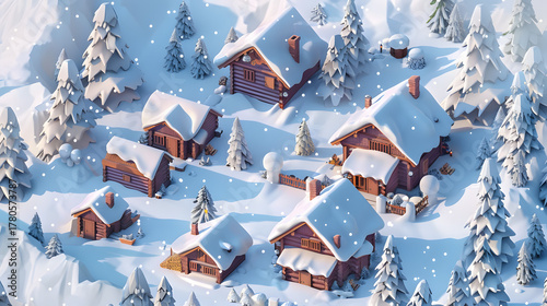 Fototapeta Naklejka Na Ścianę i Meble -  3d Isometric Mountain village snowy peaks wood