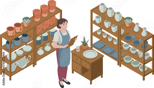Isometric illustration of woman managing pottery shop inventory, handmade ceramic pots and vases, artisan crafts store interior with clay shelves