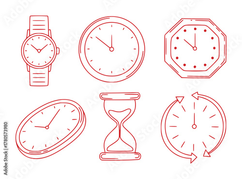 Collection of Red Line Art Icons Representing Time and Clocks