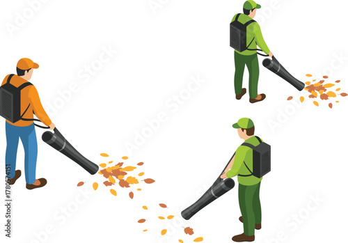 Isometric illustration of workers cleaning autumn leaves using leaf blowers, seasonal maintenance concept, professional landscape service equipment, vector design