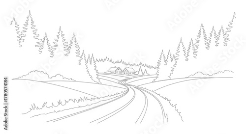 Hand drawn sketch of a winding road through a forest leading to a distant house silhouette