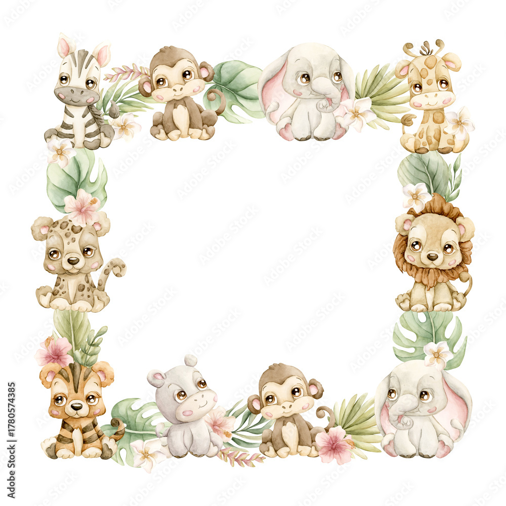 Obraz premium Cute Animals Plants Frame. Safari Jungle Tropical Exotic leaves Watercolor summer pastel neutral isolated illustration