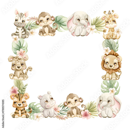 Cute Animals Plants Frame. Safari Jungle Tropical Exotic leaves Watercolor summer pastel neutral isolated illustration