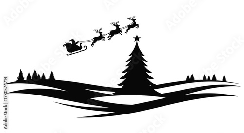 Christmas eve santa claus sleigh and reindeer flying over snowy landscape with silhouette of pine tree