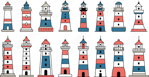 Set of colorful lighthouse vector illustrations, maritime navigation beacon icons, coastal architecture design collection, red white blue striped towers, ocean theme