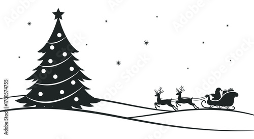 Christmas tree silhouette with santa claus and reindeer sleigh in snowy landscape silhouette