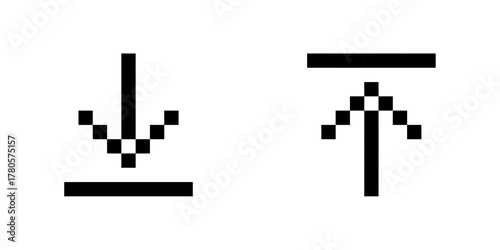 Pixel upload and download icons, pixel arrow symbols, retro digital interface, vector illustration, Pixel art.