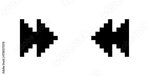 Pixel fast forward and rewind icons, retro 8bit media control symbols, Pixel art, Vector illustration.
