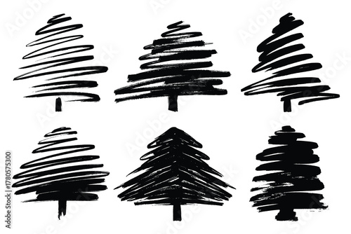 Paint Brush Strokes Christmas Trees Silhouettes Set. Creative brush stroke Christmas trees. Doodle ink painted fir trees for New Year and Christmas cards, posters, cover, wrapping paper 