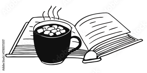 “Cup of hot chocolate with marshmallows beside an open book — cozy winter mood concept — background remove.”