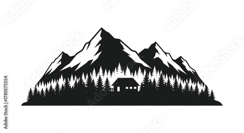 Majestic mountain range with dense pine forest and a secluded cabin in silhouette