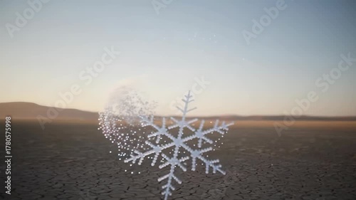 Ethereal snowflake materializes in arid landscape, showcasing delicate patterns and sparkling details, as camera zooms in to capture the enchanting transformation