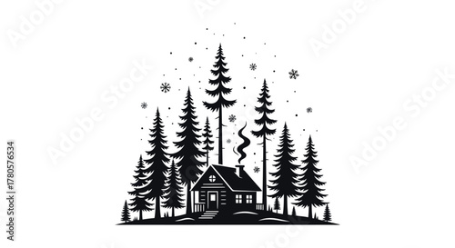 Cozy log cabin nestled amongst tall pine trees in a winter forest with falling snow silhouette
