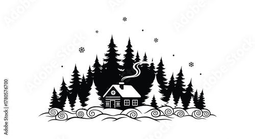 Cozy log cabin nestled amongst tall pine trees with snow falling and smoke rising from chimney silhouette