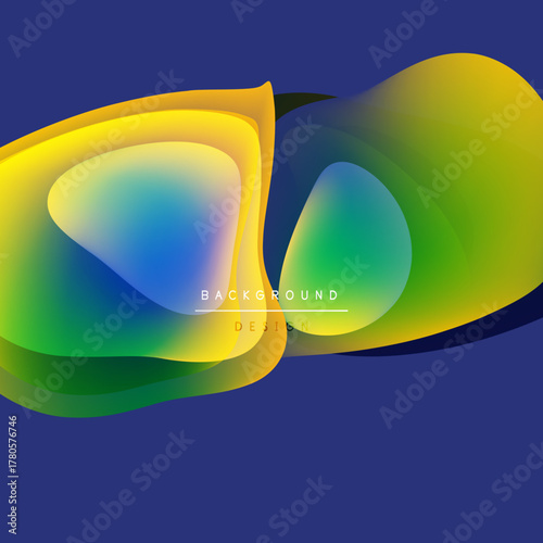 Abstract fluid shapes overlap, creating vibrant color gradients. Blue background complements yellow, green hues. Modern design element.