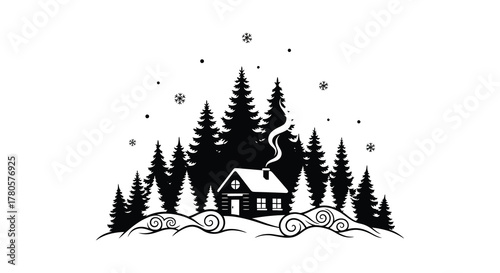 Cozy cabin in a snowy pine forest with falling snow silhouette