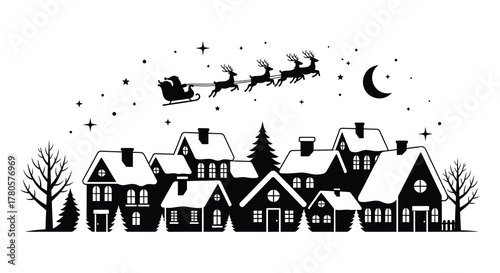Charming winter village scene with santa claus flying in sleigh silhouette