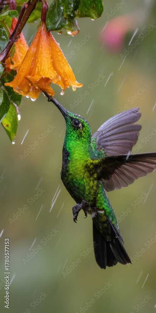 Fototapeta premium Emerald hummingbird feeding nectar from orange flower in rain