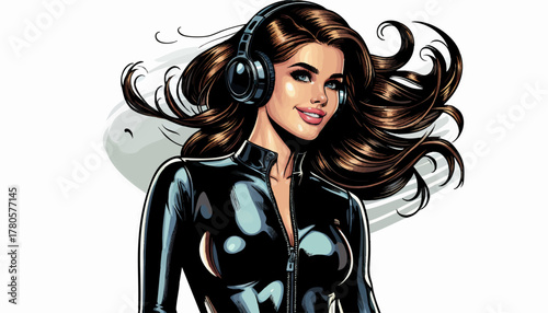 cheerful woman in a shiny black jumpsuit, wearing pink headphones and sunglasses while enjoying music. Generative ai vector colorful pop art illustration.