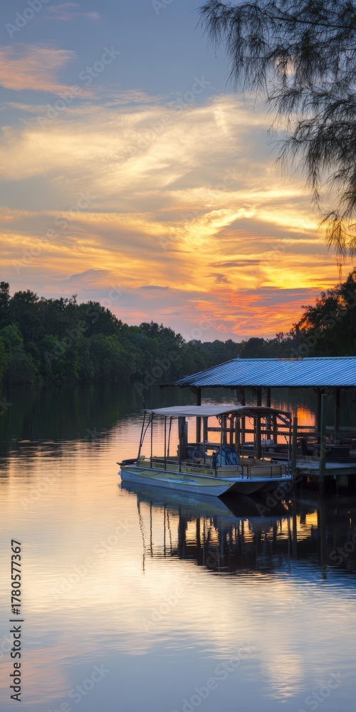Fototapeta premium Pontoon boat docked beside pier at sunset