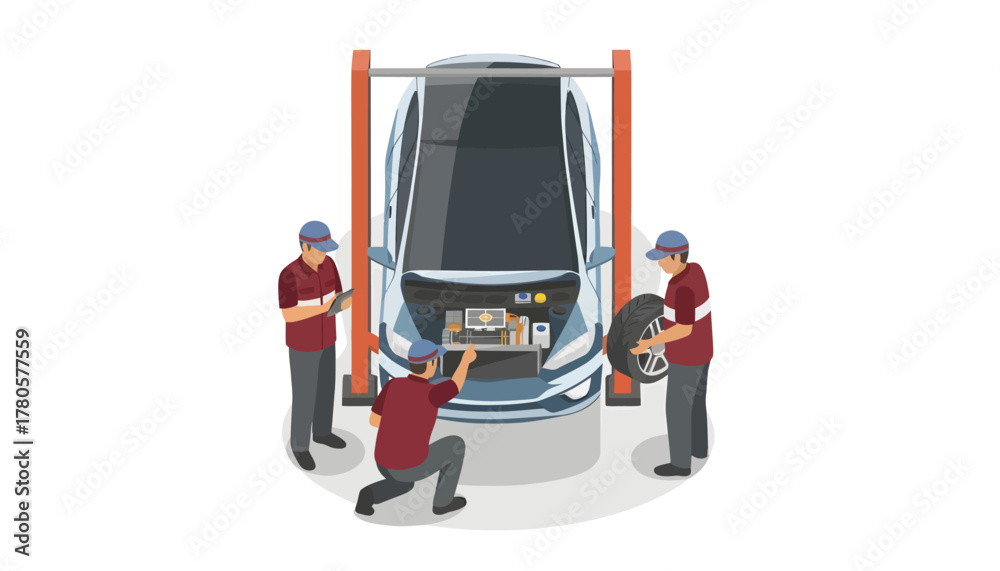 Fototapeta premium Three mechanics working on a car in a lift with tools