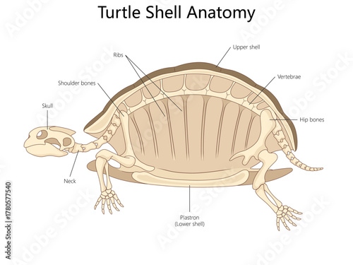 internal anatomy of a turtle, highlighting the shell structure, ribs, spine, and skeletal features diagram hand drawn schematic vector. Science educational illustration