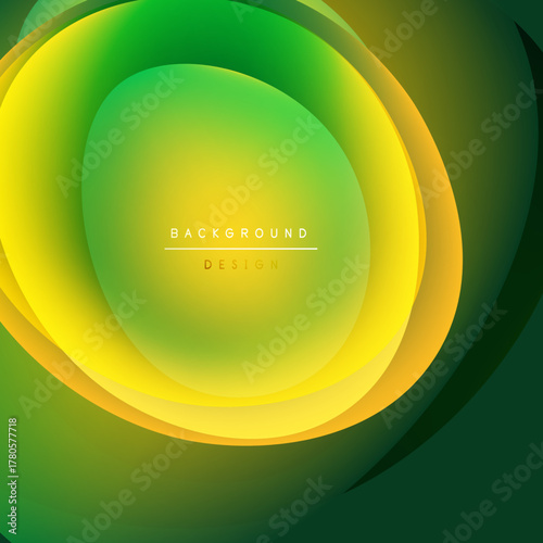 Abstract vibrant layers create flowing circular design. Yellow, green hues blend smoothly, offering modern aesthetic. Background text present.