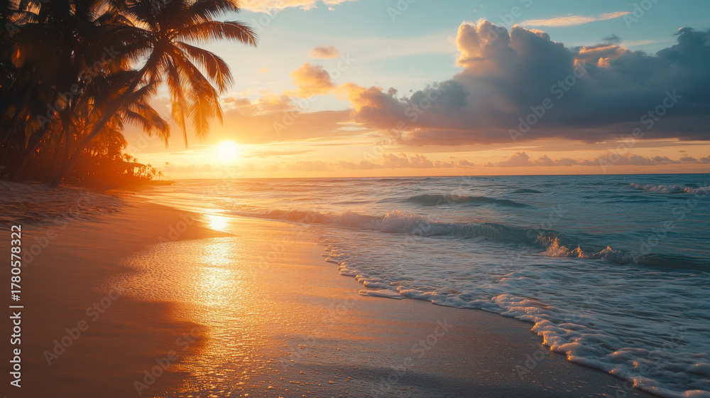Fototapeta premium Serene sunset over tranquil waves at a tropical beach with lush palm trees in the distance