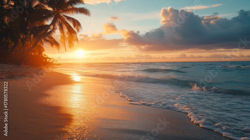 Serene sunset over tranquil waves at a tropical beach with lush palm trees in the distance