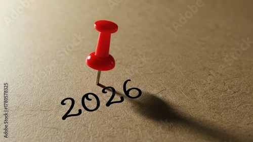 Pino vermelho marcando o ano de 2026 em papel kraft. Conceito de metas e planos para o Ano Novo