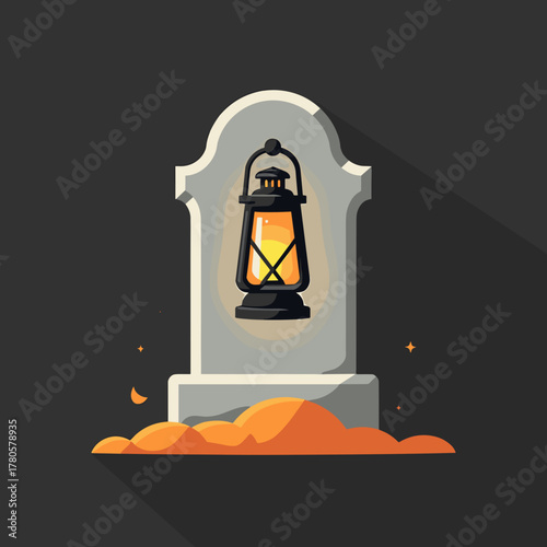 Tombstone with lantern glows in dark setting, providing eerie nighttime glow. Lantern illuminates old gravestone, situated on dark backdrop, creating spooky and mysterious feel.