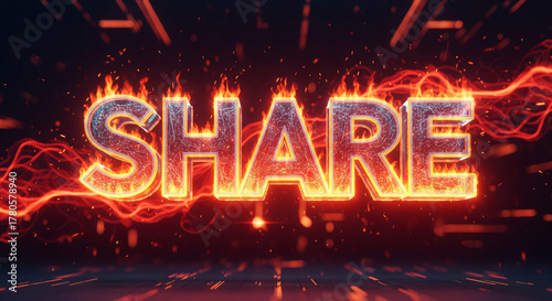 Burning “Share” Text Digital Tech — Futuristic Glowing Typography Made of Digital Particles, Holographic Mesh Lines, and Smooth Gradient