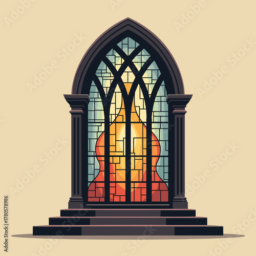 Stained glass window reveals glowing light from within, showcasing geometric panes and arching frame. Architectural stained glass enhances spaces with color and texture, creating spiritual ambiance.