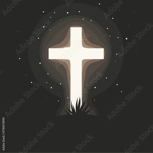 Illuminated Christian cross with stars in night sky provides spiritual light. Christian cross symbol in darkness conveys hope and faith, standing out with radiant glow.