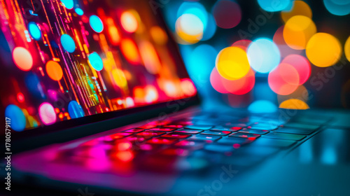 Colorful laptop illuminated by vibrant lights in a cozy indoor environment at night