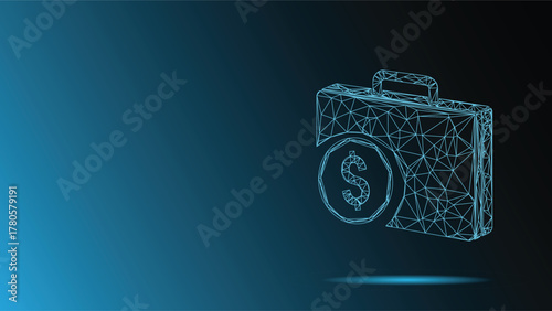 Polygonal Briefcase with Dollar Coin   Futuristic Finance & Business Icon in Neon Blue Glow Modern Banking, Investments and Digital Currency Concepts