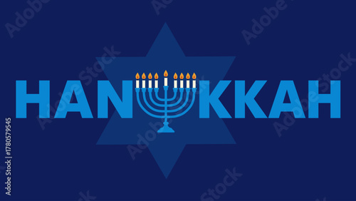 Happy Hanukkah lettering banner with menorah. Modern design for traditional Jewish holiday. Typography with Hanukkah menorah illustration. Vector design