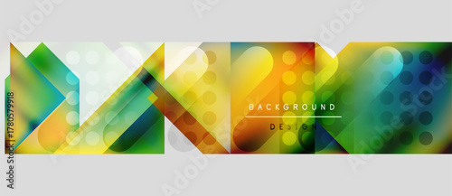 Abstract geometric shapes, vibrant colors, overlapping layers create modern background design. Text reads background design.