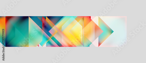 Abstract geometric shapes overlap, creating vibrant color gradients. Composition feels dynamic, modern, visually interesting.