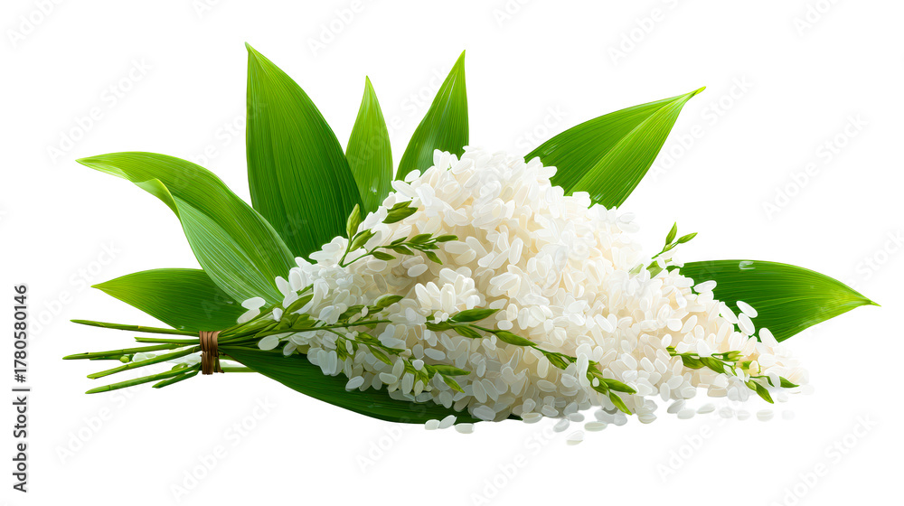 Obraz premium White Rice Grains with Green Leaves on White Background