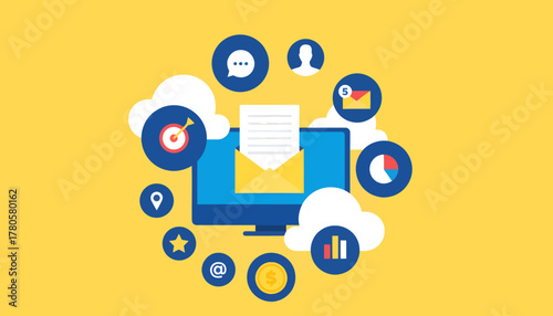 Flat lay illustration of a computer with various app icons and graphs on a bright yellow background.